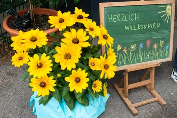 Einschulungstag mit bunter Kreide auf einer Tafel Herzlich Willkommen